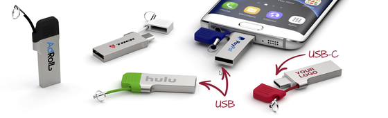 Chiavetta USB di tipo C con USB A con piccola catena di copertura in metallo, può laser e stampare logo ad alta velocità USB 3.2 e USB 3.1