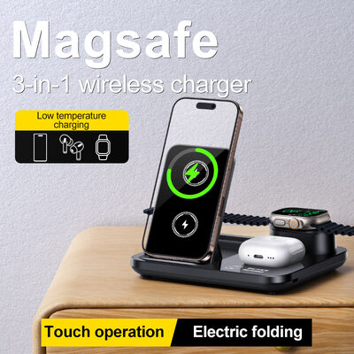 Carica veloce da 15W 3 in 1 caricabatterie wireless con design pieghevole e aspirazione magnetica
